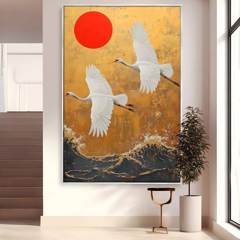Tablou canvas cu tablou canvas cu doi cocori, in rama de aluminiu argintiu